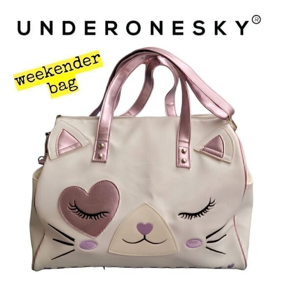 Underonesky White &  Metallic Pink Kitty Cat Weekender Travel Vacation Bag - Picture 1 of 12